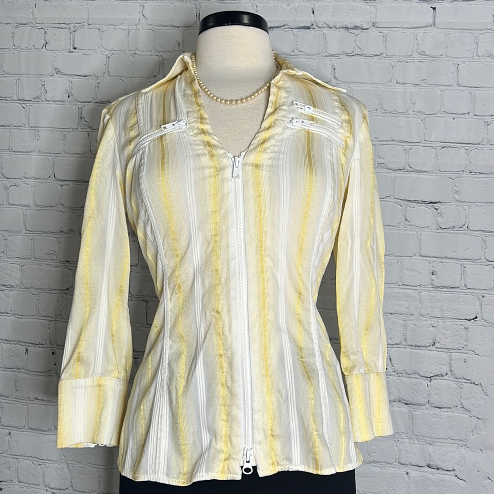 ✨Vintage 1990's Cache Striped White Yelllow/Gold Zipper Long Sleeve Blouse ✨ M